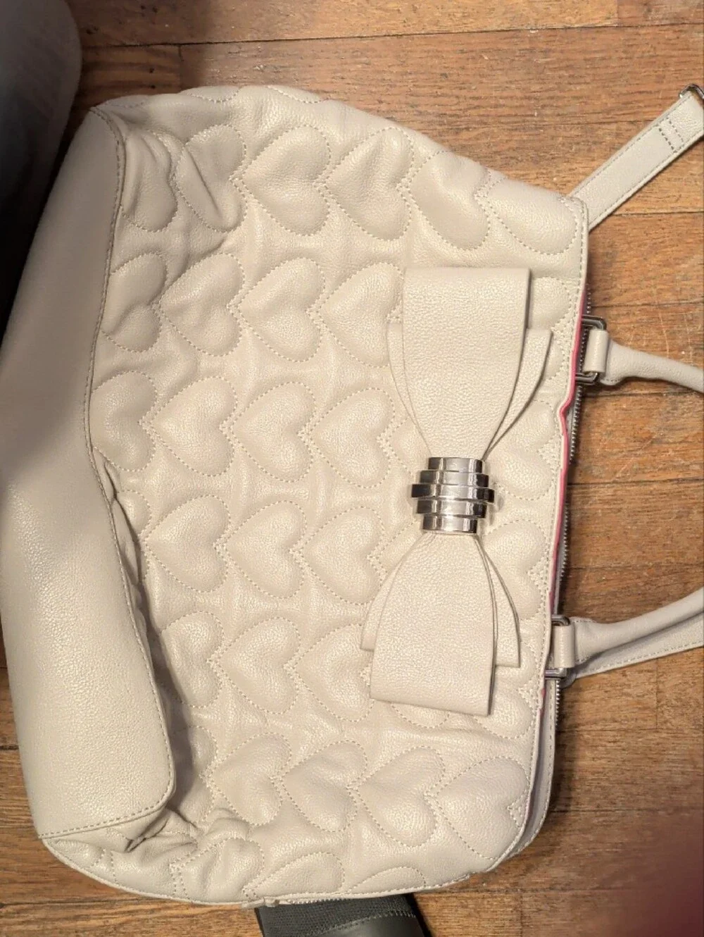 Betsey Johnson Cream Tote with Pink Trim and Quilted Hearts